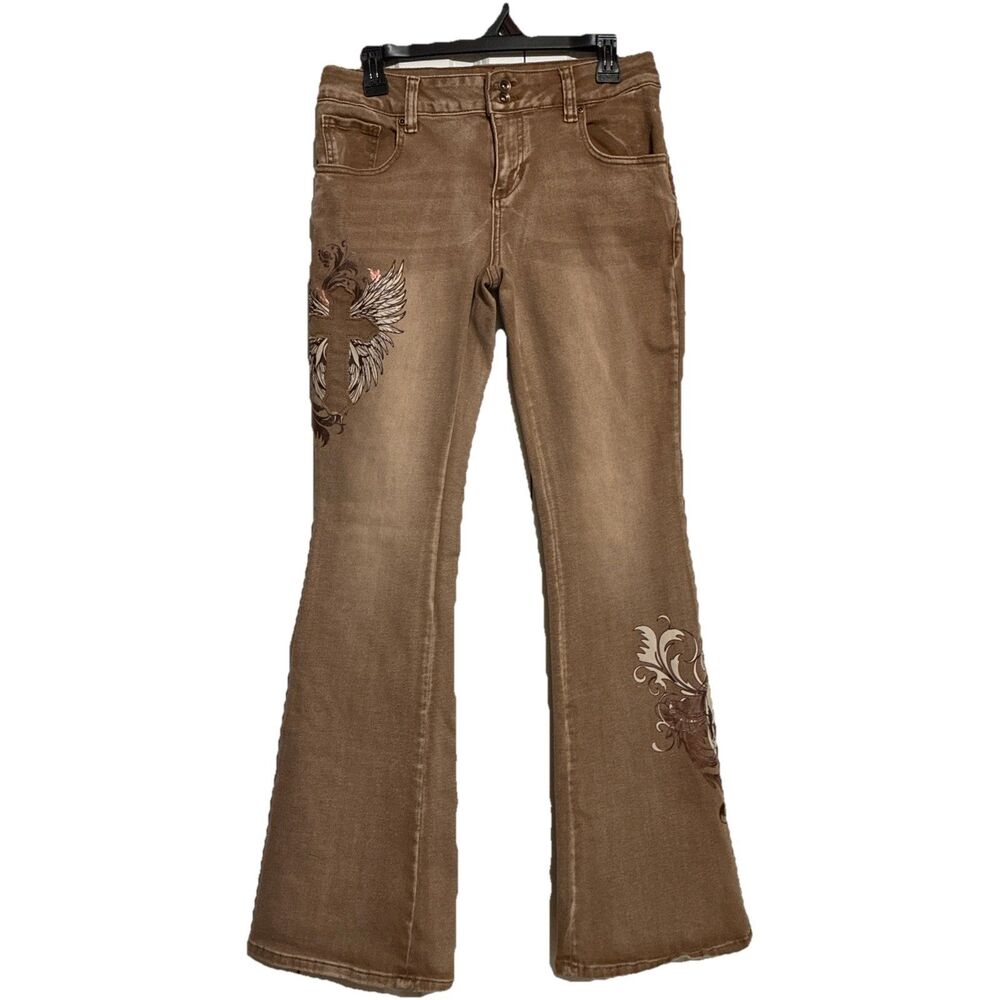 Hot Topic Tan Brown Flare Lo Rise Y2K Cross Skull Denim Jeans Size Junior 11